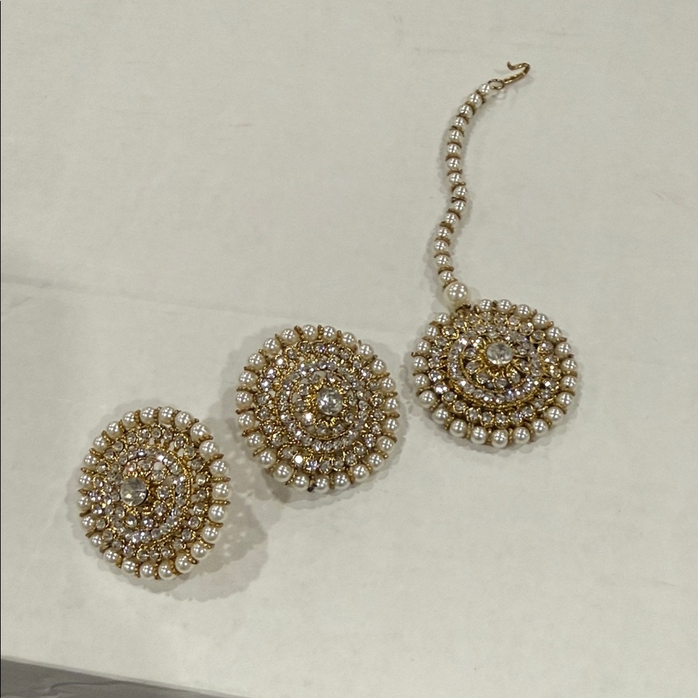 Gold and Pearl Bridal Earrings with Maang Tikka - Women Jewelry